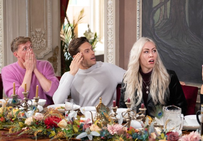 Stephen, Sam and Ellie look surprised at breakfast.
