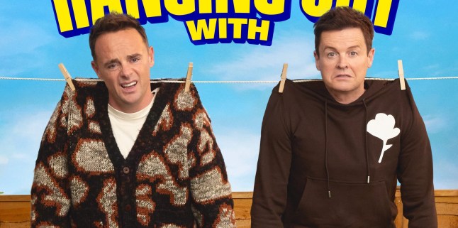 Promo shot for Hanging Out with Ant and Dec, featuring them pegged to a clothesline from the shoulders of their shirts