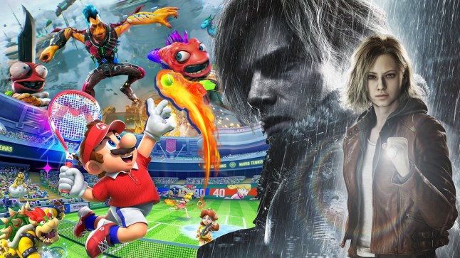 Collage of Leon and Grace from Resident Evil Requiem, Mario from Mario Tennis Fever, and an alien from High on Life 2