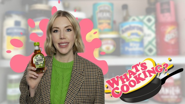 Katherine Ryan holding a bottle of Buckwud Maple Syrup, with the What's Cooking logo.