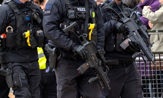 Armed Metropolitan Police on duty in Westminster on 5th May 2025 in London, United Kingdom. The Metropolitan Police Service, formerly and still commonly known as the Metropolitan Police, is the territorial police force responsible for the prevention of crime and law enforcement in Greater London. (photo by Mike Kemp/In Pictures via Getty Images)