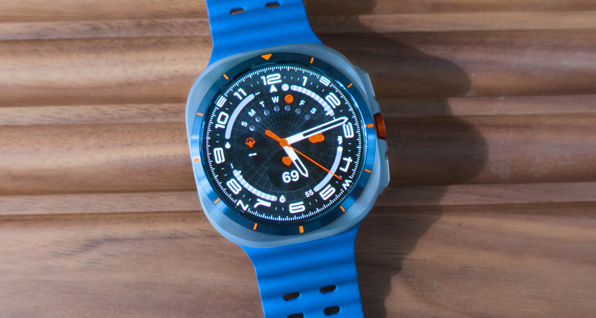 Samsung Galaxy Watch Ultra 2025 Titanium Blue closeup on case and watch face
