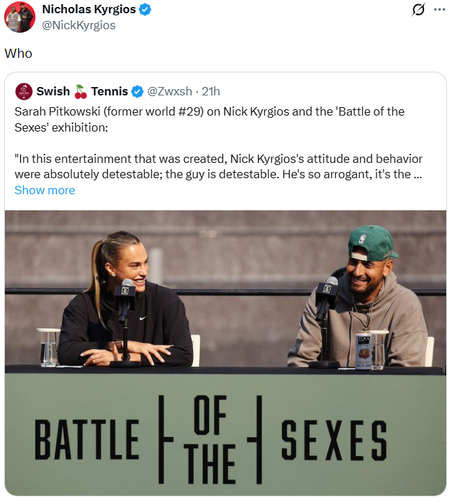 Pictured: Nick Kyrgios responds to Sarah Pitkowski.