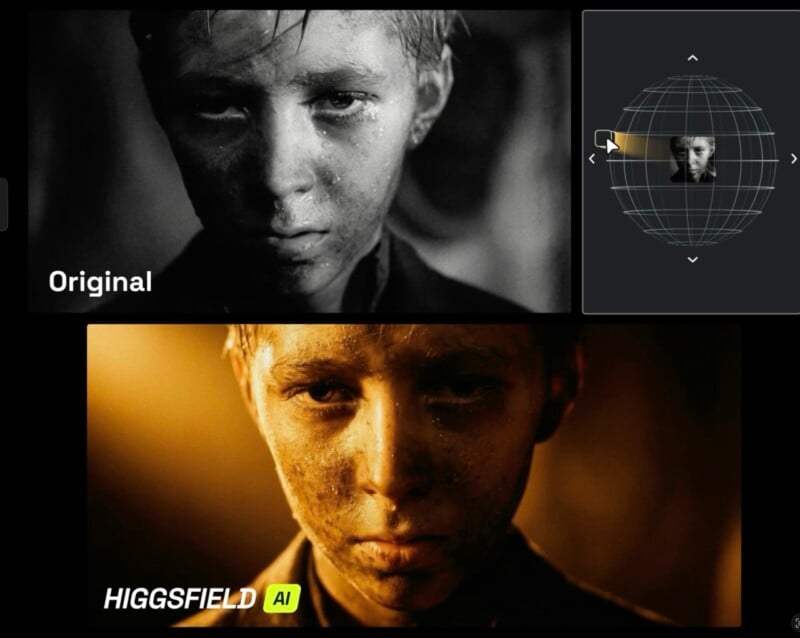 A split image shows a black-and-white portrait of a dirt-covered boy on top labeled "Original," and a colorized, warmer-toned version of the same portrait below labeled "Higgsfield AI.