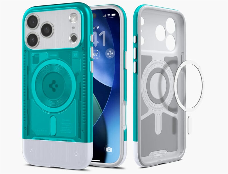 A turquoise and white phone case with a translucent back is shown on a smartphone. The case features circular magnetic rings and precise cutouts for cameras and buttons, with the phone screen displaying the time.