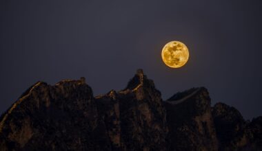 A glowing yellow full moon is seen in a gray night sky over brown jagged rocky peaks.