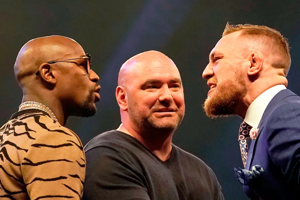 Mayweather and McGregor facing off ahead of their 2017 boxing bout