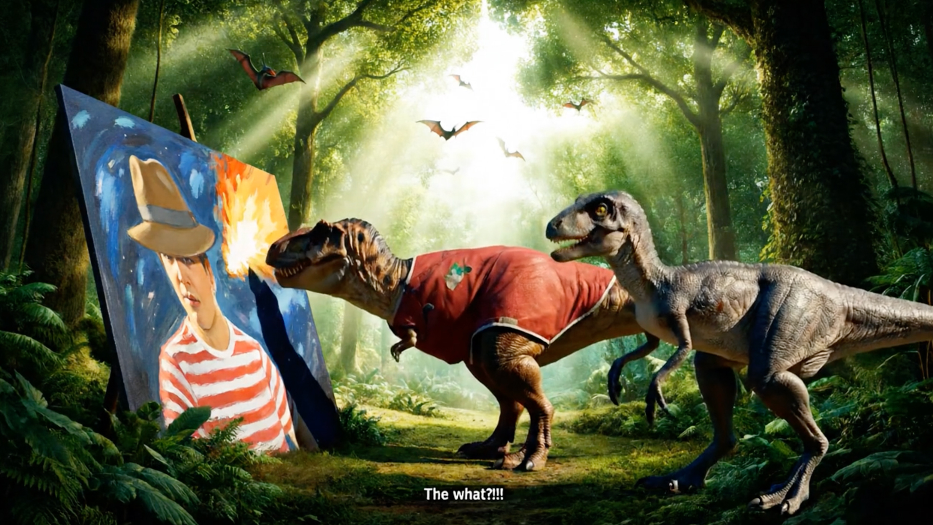 two dinosaurs in a forest looking at a portrait painting of a man wearing a fedora-style hat