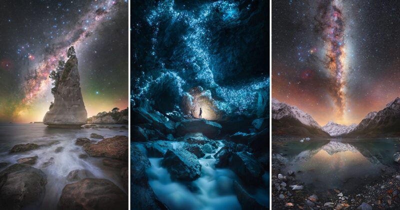 A triptych of night landscapes: a rocky seashore with a glowing Milky Way, a person standing in a glowing blue cave, and a mountain lake reflecting the colorful Milky Way overhead.