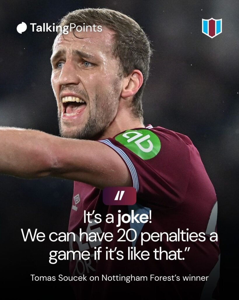 Tomas Soucek of West Ham United gestures during the Premier League match between West Ham United and Nottingham Forest at London Stadium on January 6, 2026 in London, England.