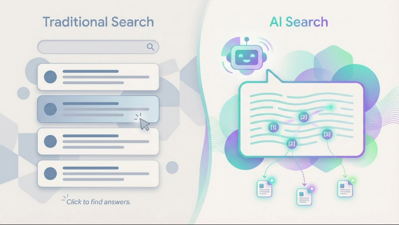 Comparison of traditional SEO search results with blue links versus generative engine optimization results showing AI-generated answers with source citations from ChatGPT and Perplexity