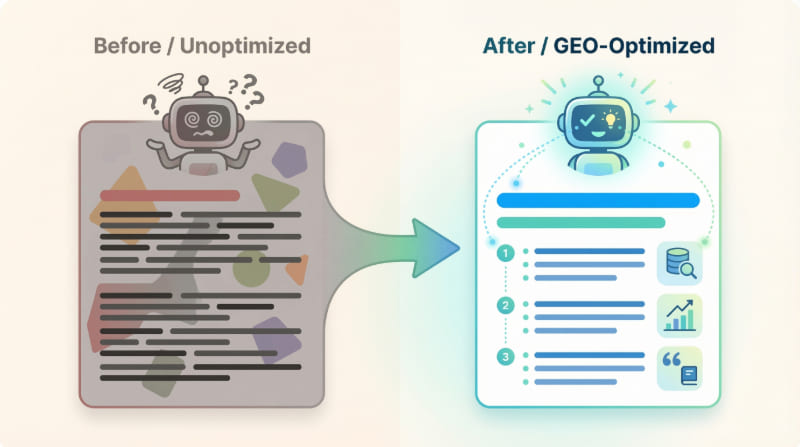 Before and after example of AI content optimization showing how structured content with clear headings and schema markup improves AI search visibility