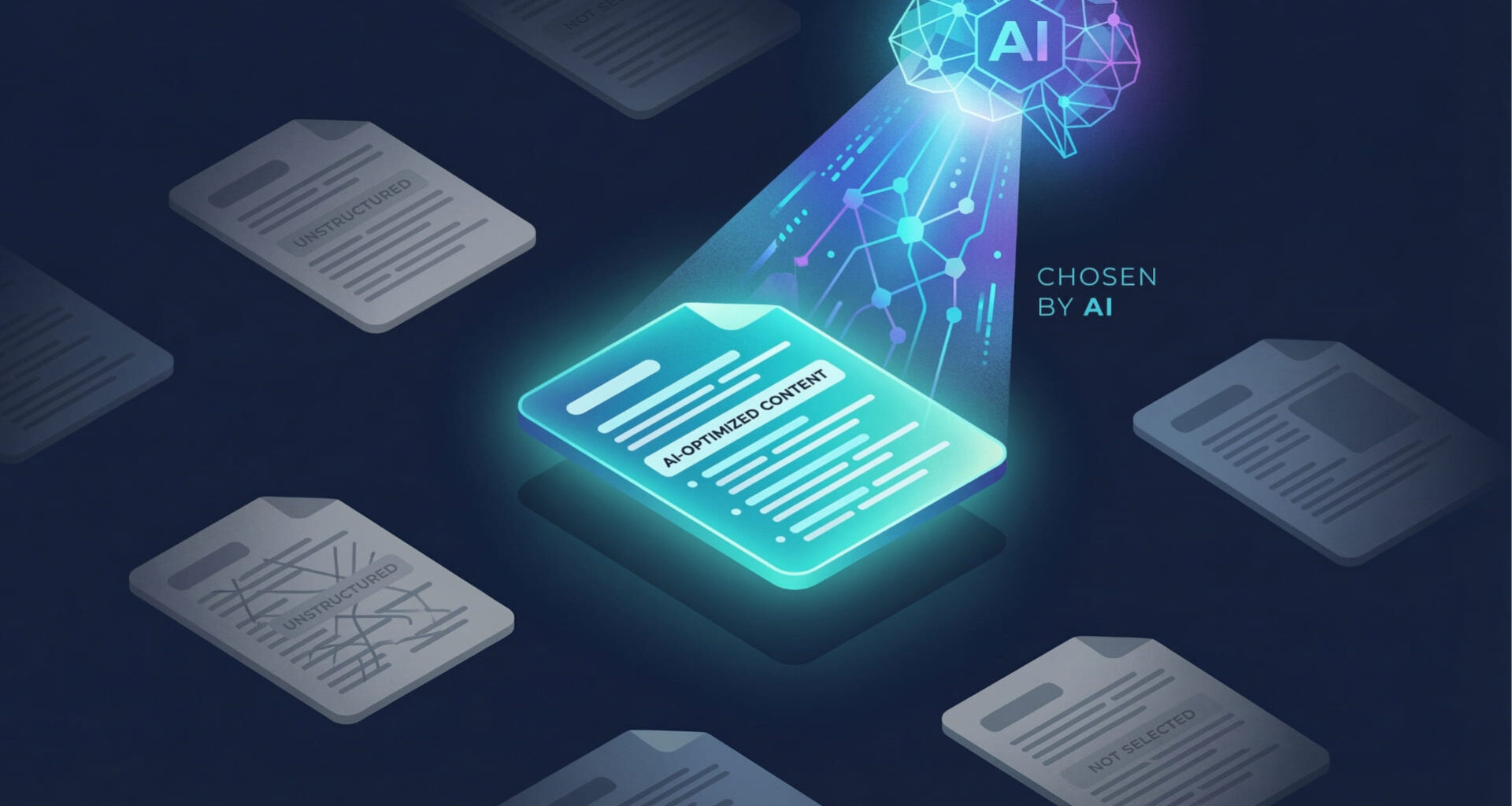 AI content optimization concept showing AI search engines selecting well-optimized content over competitors