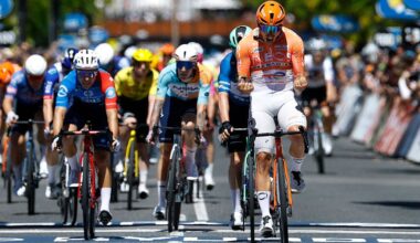 NAIRNE, AUSTRALIA - JANUARY 23: Sam Welsford of Australia and Team INEOS Grenadiers (R) celebrates at finish line as stage winner during the 26th Santos Tour Down Under 2026, Stage 3 a 140.8km stage from Henley Beach to Nairne / #UCIWT / on January 23, 2026 in Nairne, Australia. (Photo by Con Chronis/Getty Images)