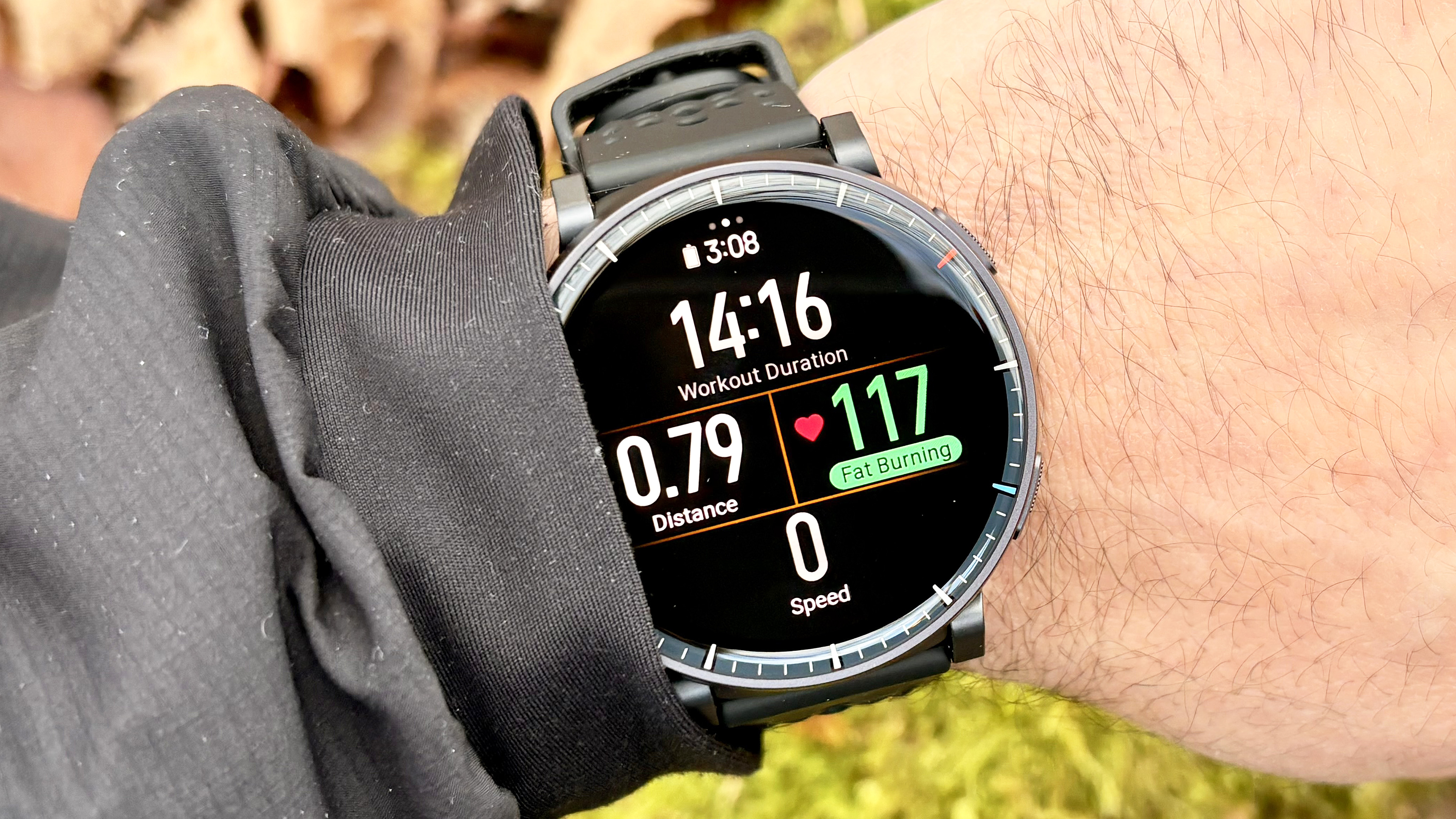 Close-up of the Amazfit Active Max smartwatch on a user's wrist