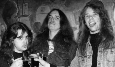 Metallica drinking beer in a pub in London in 198