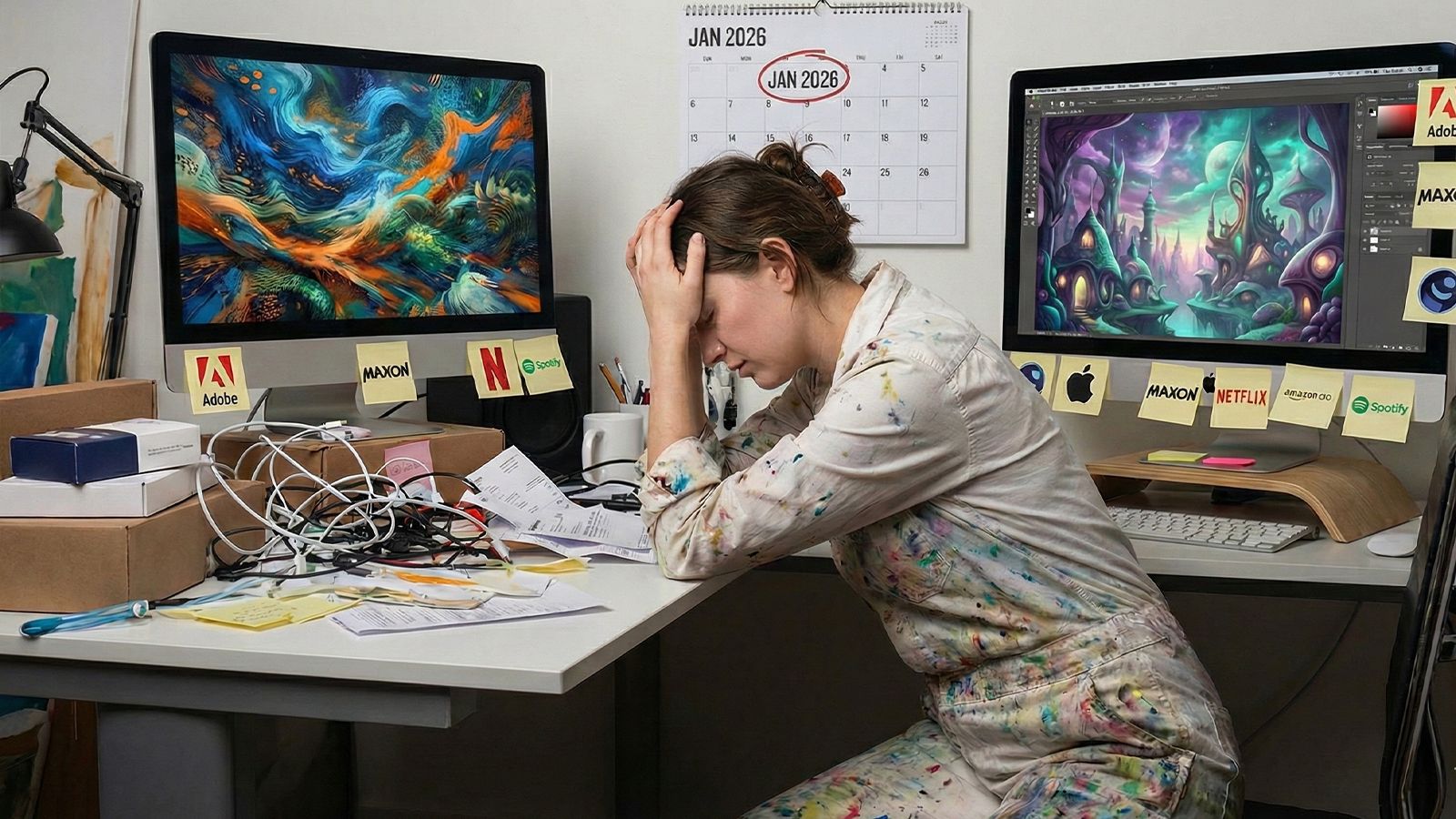 A woman sits at a desk, head in hands, looking at bills