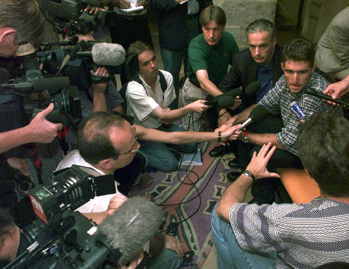 (Original Caption) Armin Meier gives a press conference following the drug affair during the Tour de France. (Photo by Stephane Ruet/Sygma via Getty Images)
