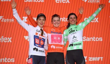 STIRLING, AUSTRALIA - JANUARY 19: (L-R) Eleonora Ciabocco of Italy and Team Picnic PostNL - White Best Young Rider Jersey, Noemi Ruegg of Switzerland and Team EF Education-Oatly - Orange Santos Leader&amp;apos;s Jersey and Alyssa Polites of Australia and ARA Australian Cycling Team - Polka Dot Mountain Jersey celebrate at podium during the 9th Santos Women&amp;apos;s Tour Down Under 2025, Stage 3 a 105.9km stage from Stirling to Stirling 444m / #UCIWWT / on January 19, 2025 in Stirling, Australia. (Photo by Dario Belingheri/Getty Images)