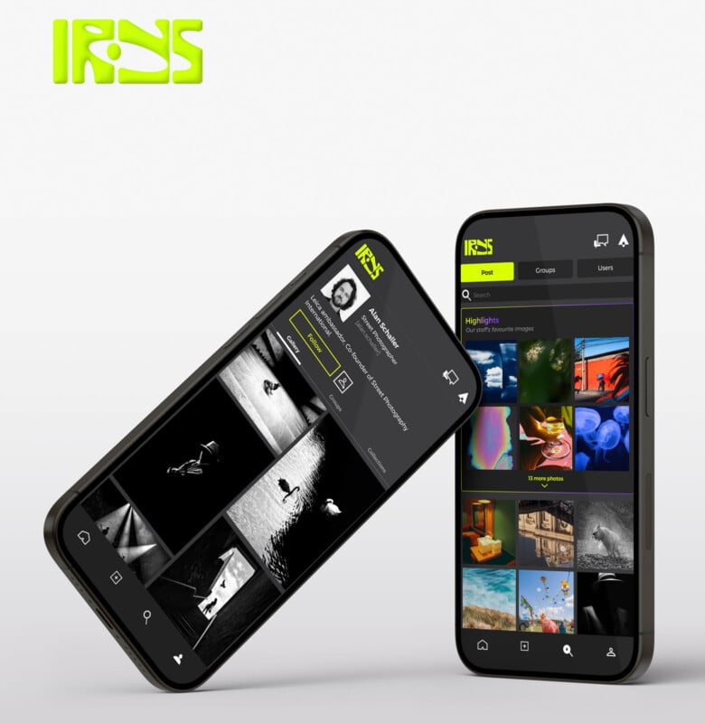 Two smartphones display the IRYS app interface, showing a user profile with photo galleries on one screen and a feed of colorful images in various categories on the other. The IRYS logo appears above both phones.
