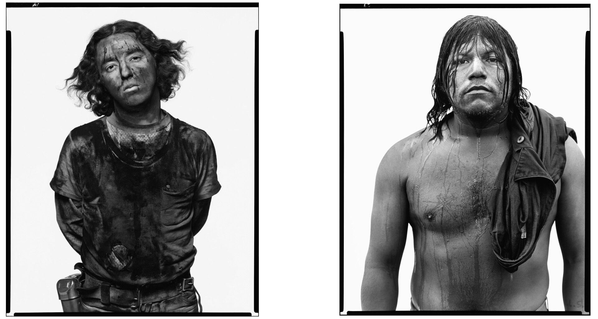 Two high-contrast portraits shown side-by-side: one of a man coated in dark grime and another of a shirtless man drenched in sweat, both set against a bright white background.
