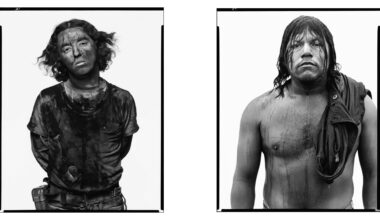 Two high-contrast portraits shown side-by-side: one of a man coated in dark grime and another of a shirtless man drenched in sweat, both set against a bright white background.