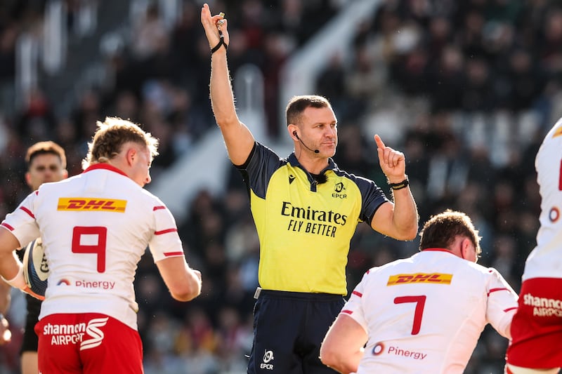 Referee Karl Dickson during the Toulon v Munster match. Photograph: Billy Stickland/Inpho