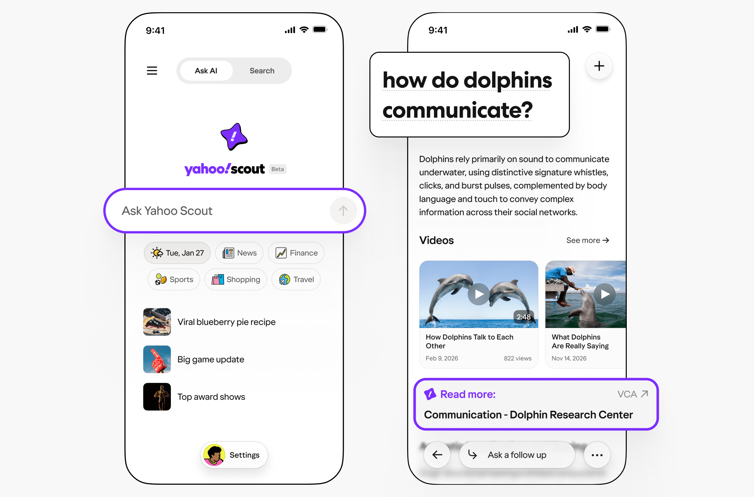 Two screenshots of Yahoo Scout in a mobile app.