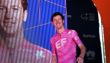 STIRLING, AUSTRALIA - JANUARY 25: Harry Sweeny of Australia and Team EF Education - EasyPost on third place poses on the podium ceremony after the 26th Santos Tour Down Under 2026, Stage 5 a 169.8km stage from Stirling to Stirling / #UCIWT / on January 25, 2026 in Stirling, Australia. (Photo by Con Chronis/Getty Images)