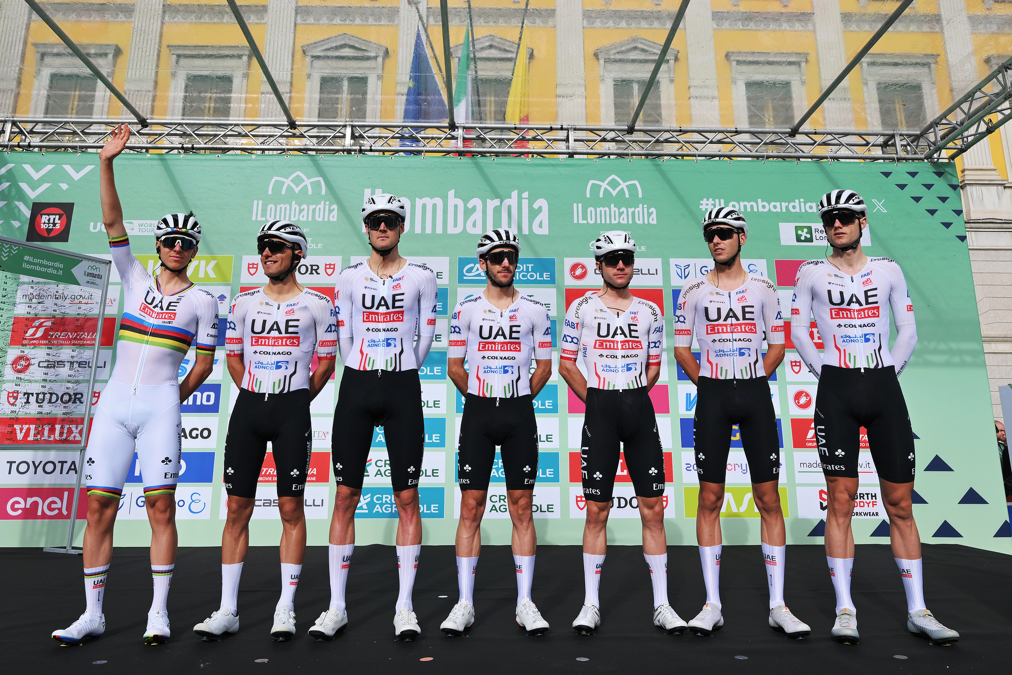 BERGAMO, ITALY - OCTOBER 12: Tadej Pogacar of Slovenia, Jan Christen of Switzerland, Finn Fisher-Black of New Zealand, Marc Hirschi of Switzerland, Rafal Majka of Poland, Pavel Sivakov of Russia, Adam Yates of The United Kingdom and UAE Team Emirates prior to the 118th Il Lombardia 2024 a 255km one day race from Bergamo to Como / #UCIWT / on October 12, 2024 in Bergamo, Italy. (Photo by Tim de Waele/Getty Images)
