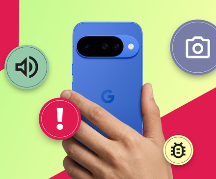 A hand holding a blue Google Pixel phone with an alert icon and icons representing camera, audio, and bugs.