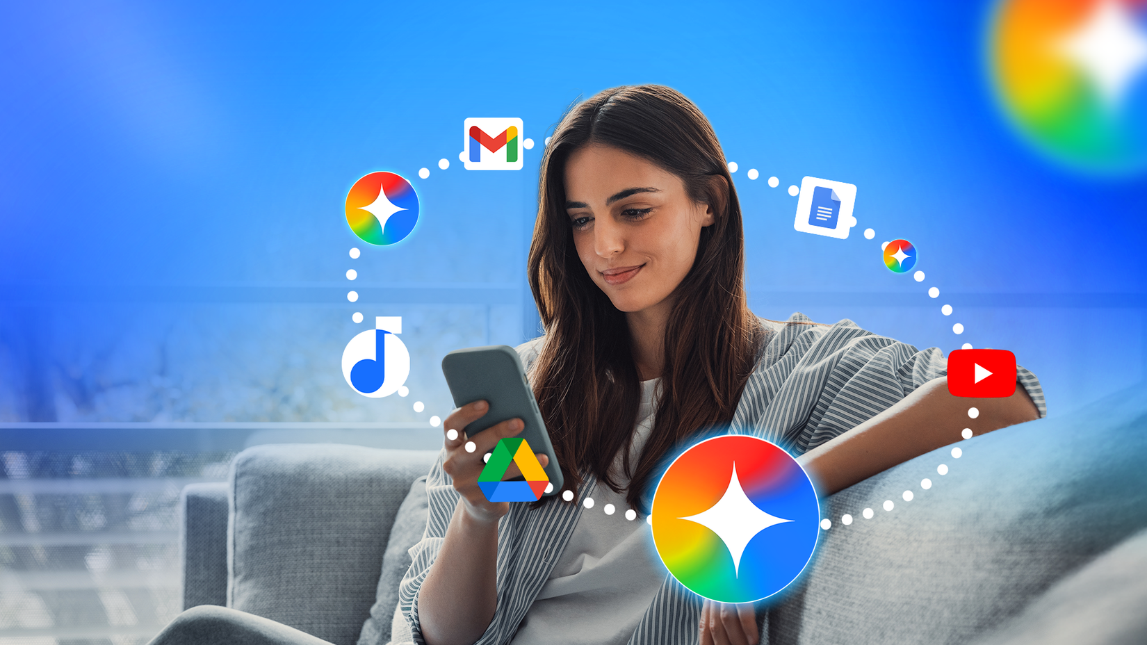 A woman sitting on a couch using her phone, surrounded by Gmail, Drive, Docs, YouTube, and Gemini logos.