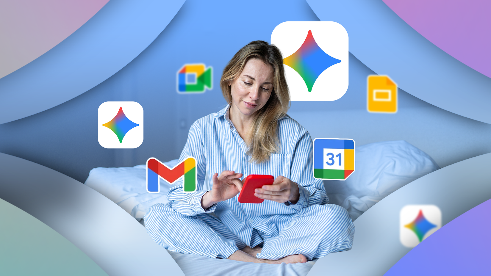 A woman using a phone in bed, surrounded by floating Google Gemini and Workspace app icons-1