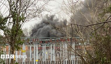 Grey smoke seen behind an electrical substation