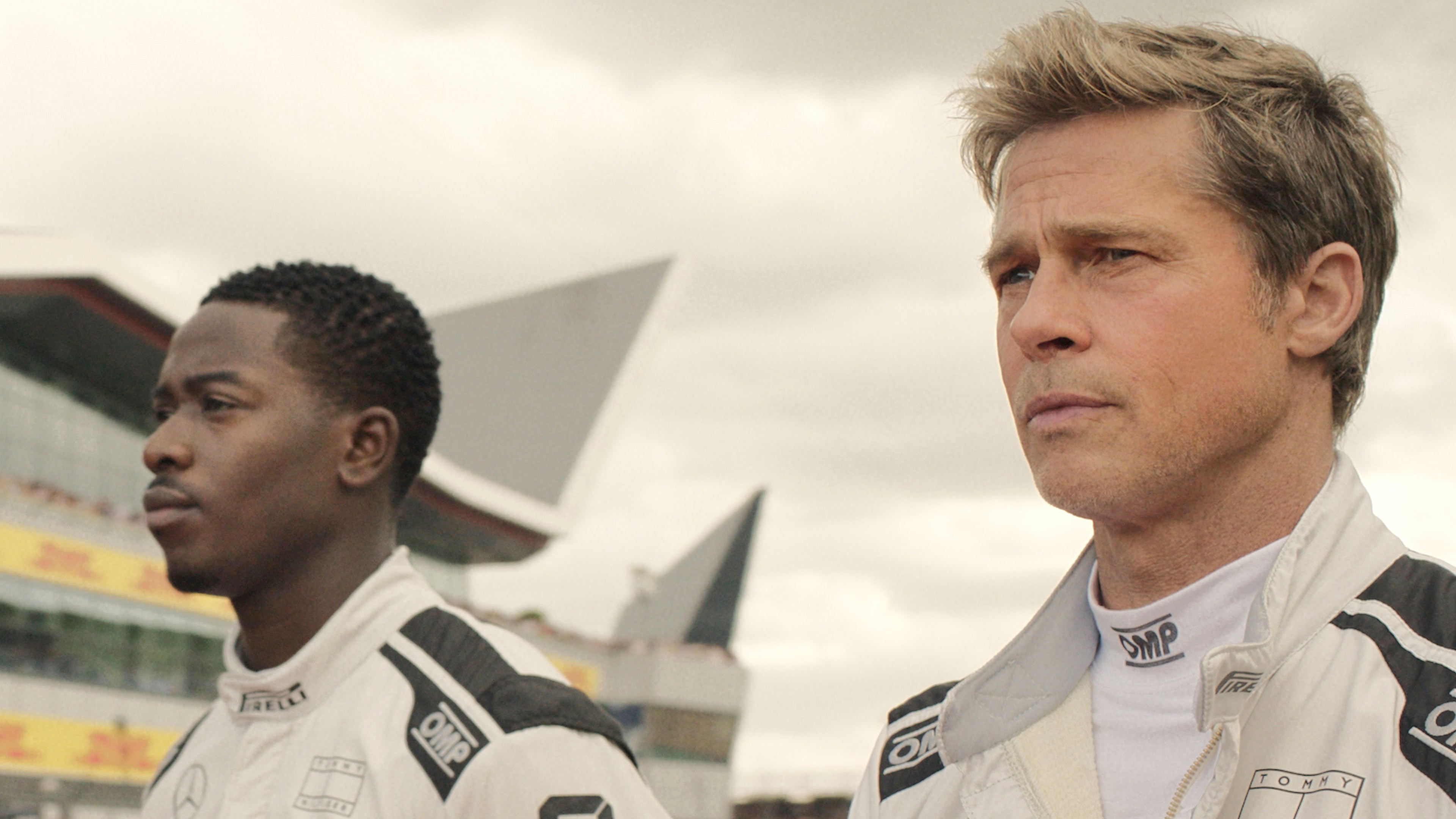 Damson Idris as Joshua Pearce and Brad Pitt as Sonny Hayes in Apple Original Films&rsquo; &ldquo;F1 The Movie."