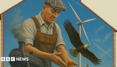 An illustration showing a worker in a flatcap , a wind farm, an eagle and a steam train