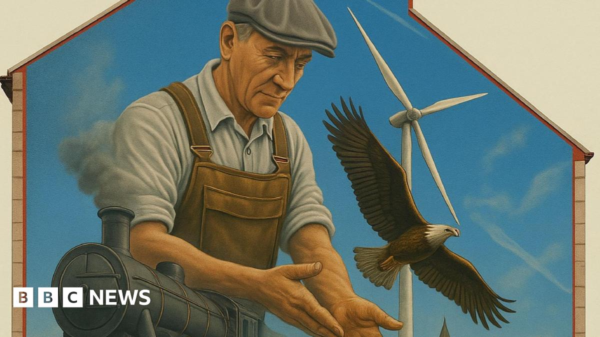 An illustration showing a worker in a flatcap , a wind farm, an eagle and a steam train