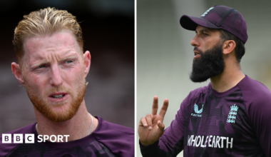 A split image featuring photographs of Ben Stokes and Moeen Ali in England training kit