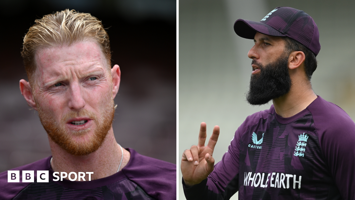 A split image featuring photographs of Ben Stokes and Moeen Ali in England training kit