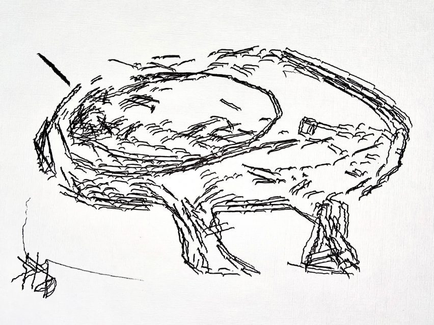 Image of a scratchy drawing of a blob with two legs vaguely resembling a space pod