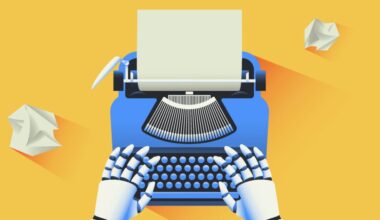 Illustration of robot hands using a typewriter.