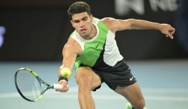 Carlos Alcaraz begins his quest to complete the career Grand Slam at the Australian Open with a straight-sets win Sunday night.