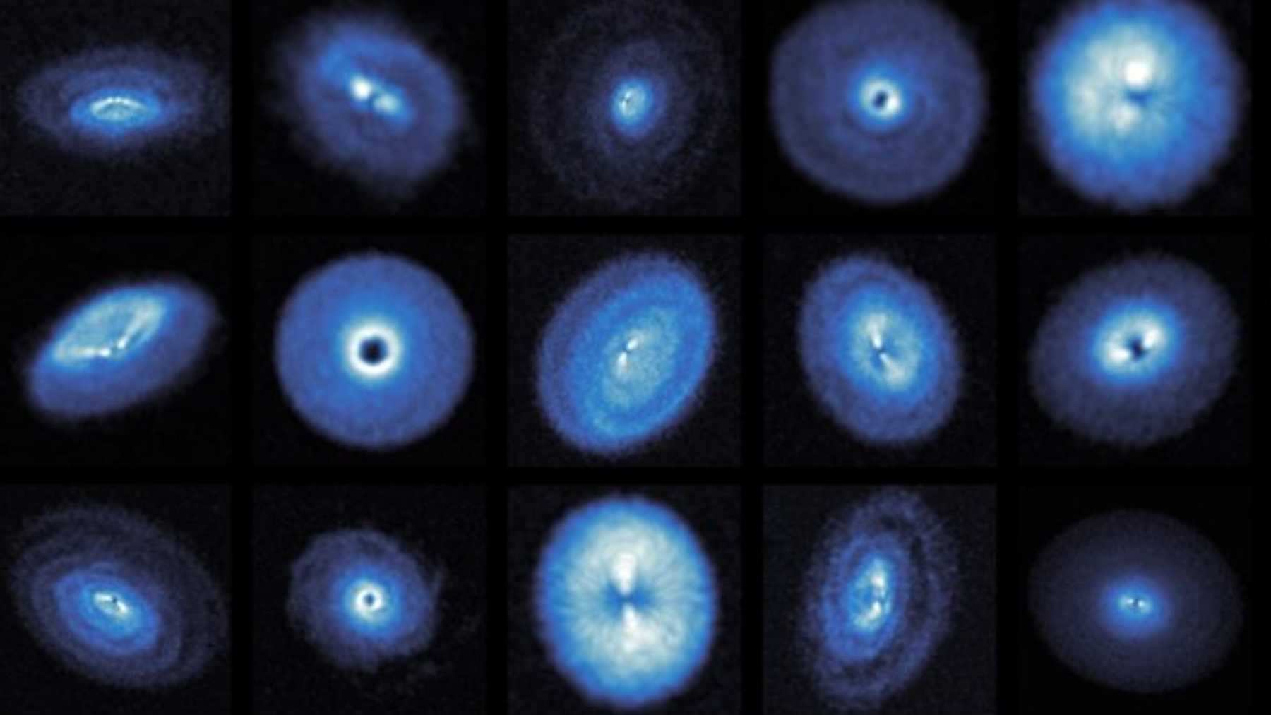 Montage of ALMA observations showing warped, tilted protoplanetary discs traced by carbon monoxide gas around young stars.