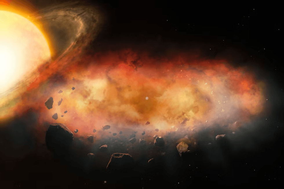 An artist's impression of a disc of planetary debris shrouded by a thick cloud of dust and gas