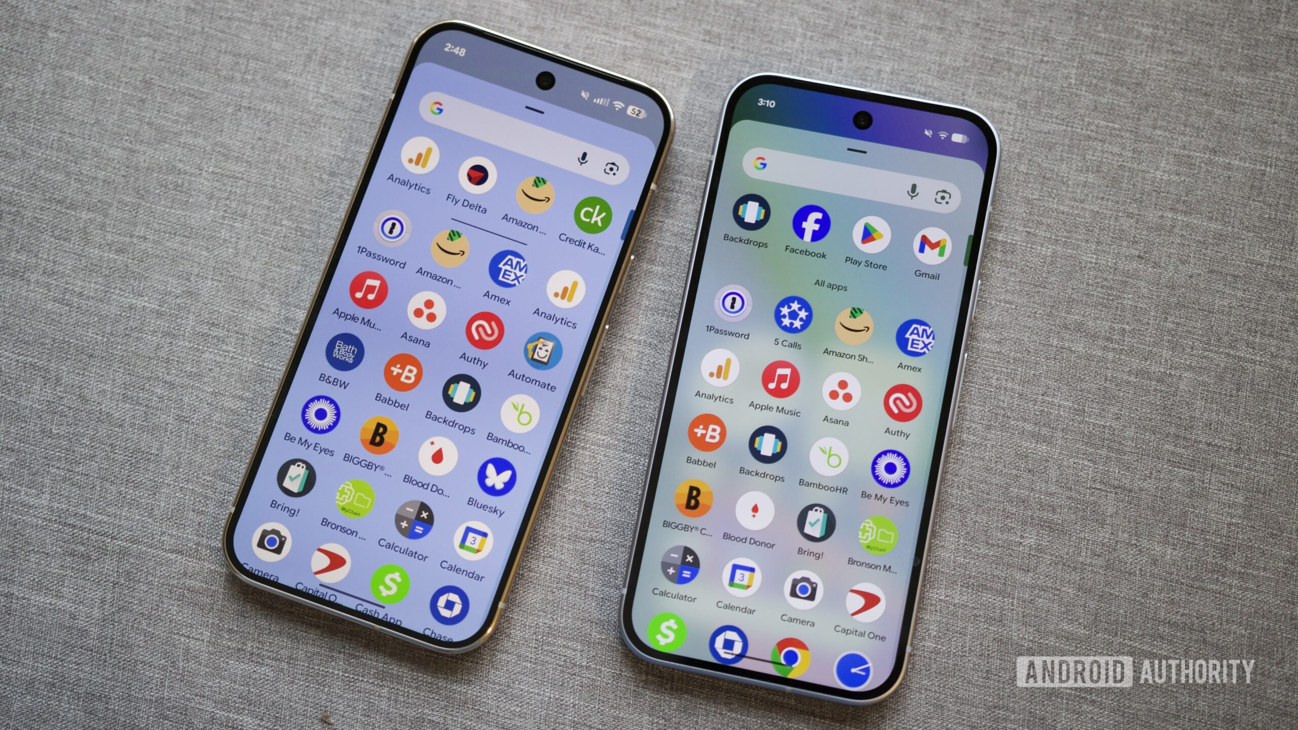 Two Pixels running Android 16, one with background blur effects and one without.