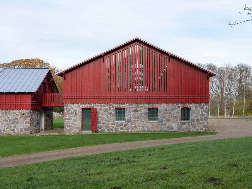 Red gable of Michael Kvium's studio, a historic barn restored by architect Martin Schack