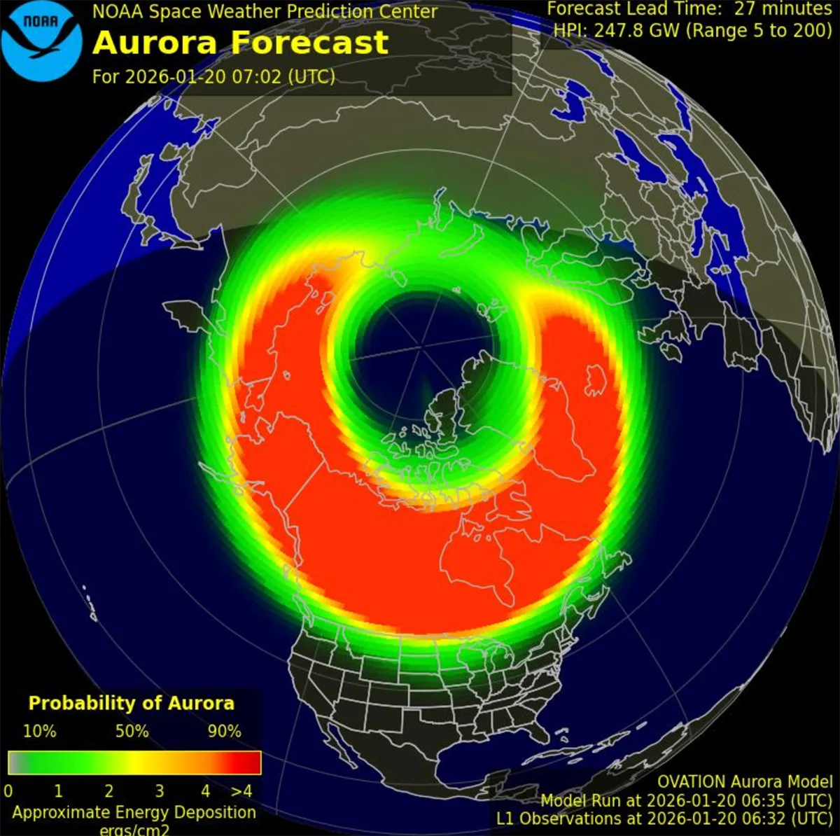 NOAA Space Weather Prediction Center aurora forecast for 20 January 2026. Credit: NOAA