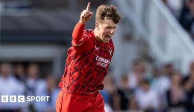 Jack Blatherwick of Lancashire Lightning celebrating taking a wicket with his finger pointing to the sky