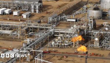 A flame burning natural gas at an oil treatment plant operated by Venezuela's state oil company PDVSA