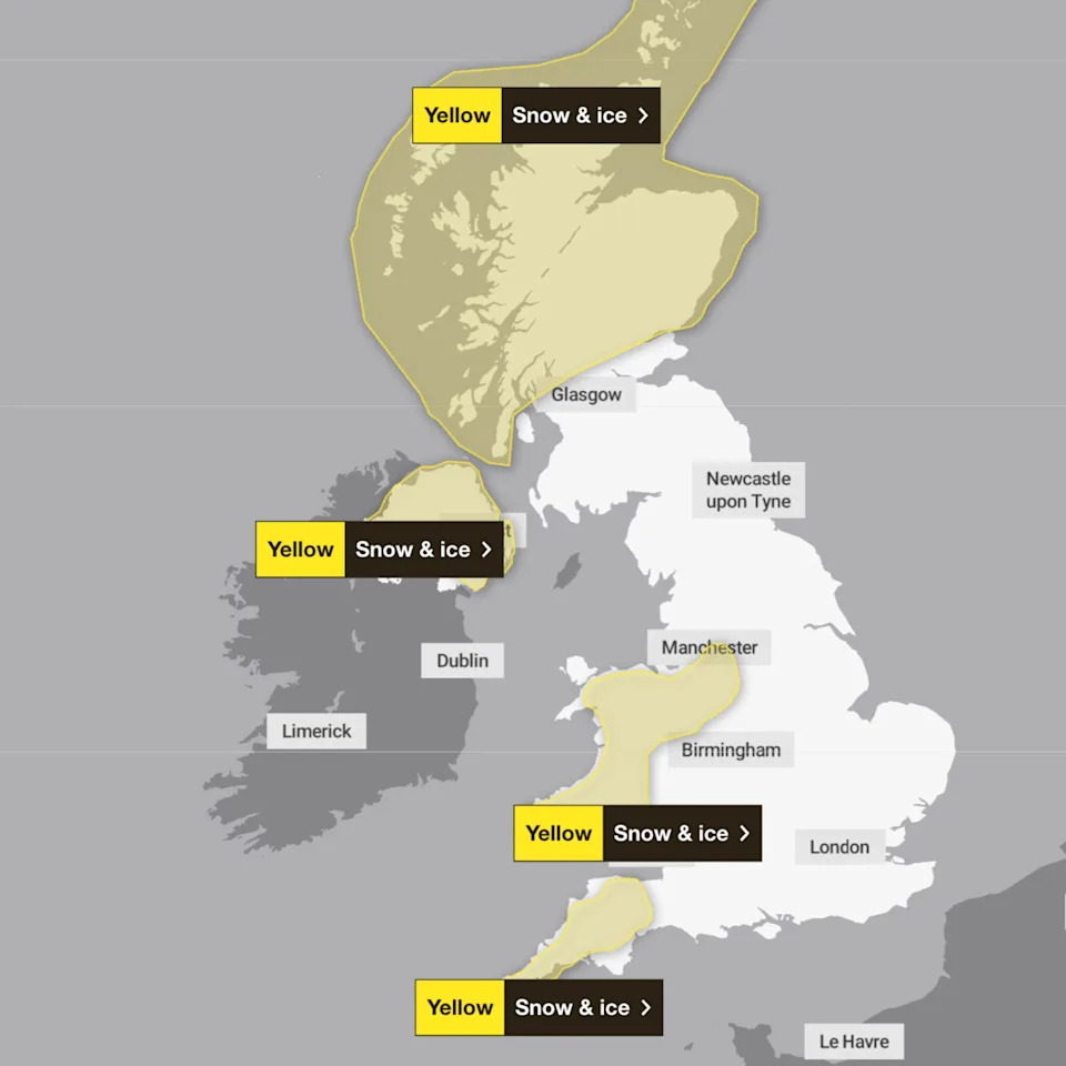 By Sunday the weather risk is expected to have receded slightly in Scotland, but yellow warnings will remain in place there, as well as elsewhere in the UK. (Met Office)